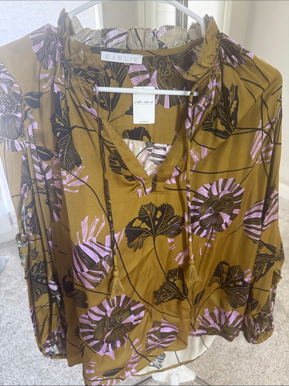 Karlie Olive Green Floral Tie-Neck Tunic with Pink Accents